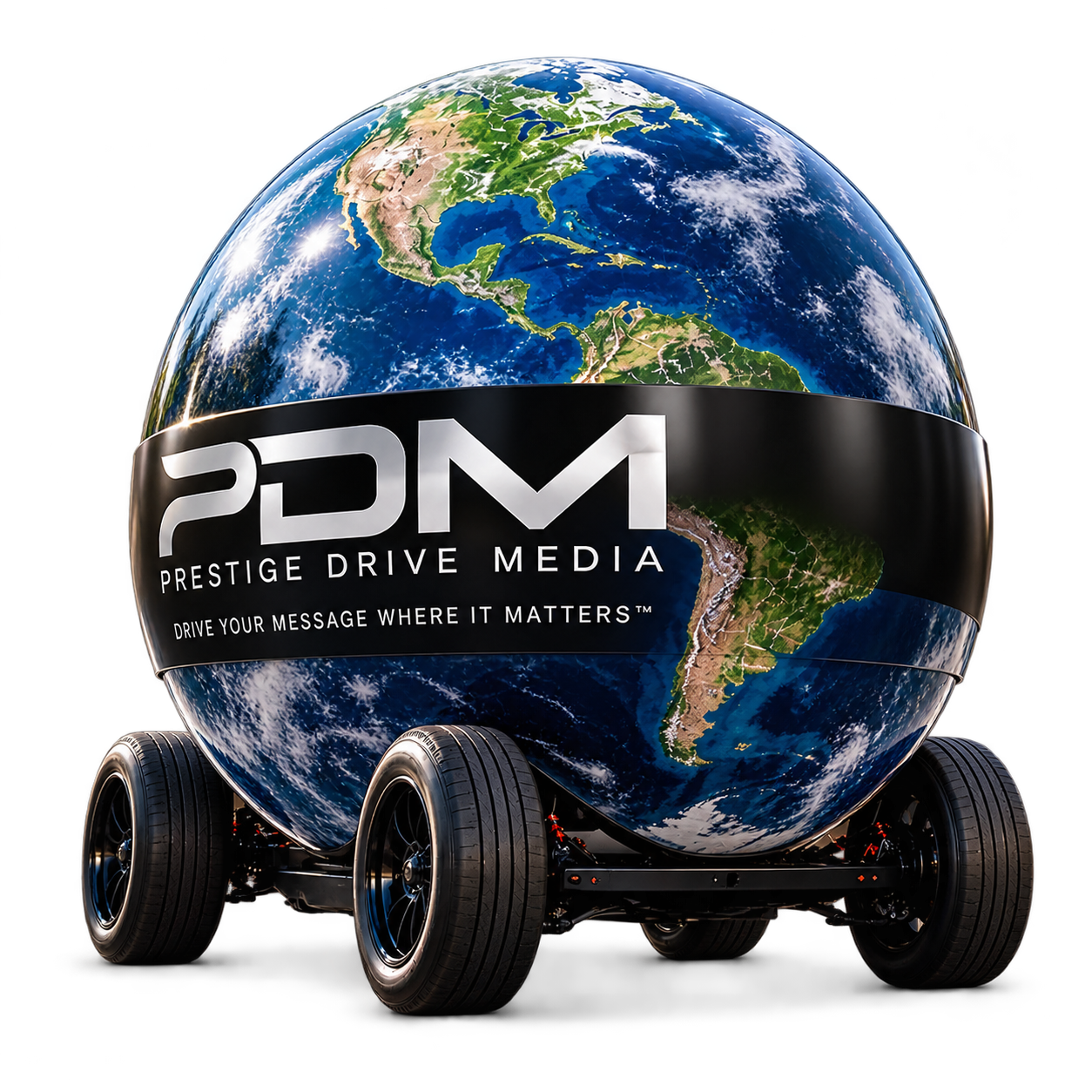 The PDM Earth on wheels, with a black Prestige Drive Media band